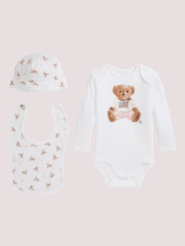 Set tutina bavaglino e cappellino per neonato Polo Ralph Lauren Kids bianco con stampa Teddy Bear 320P00760 /1 POLO RALPH LAUREN