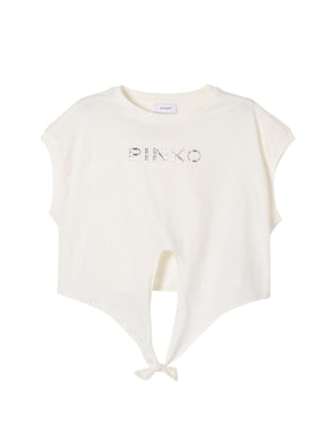 T-shirt bambina bianca con nodo frontale e logo argento