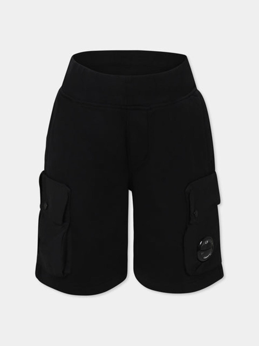 Shorts bambino neri in cotone con tasca utility e lente