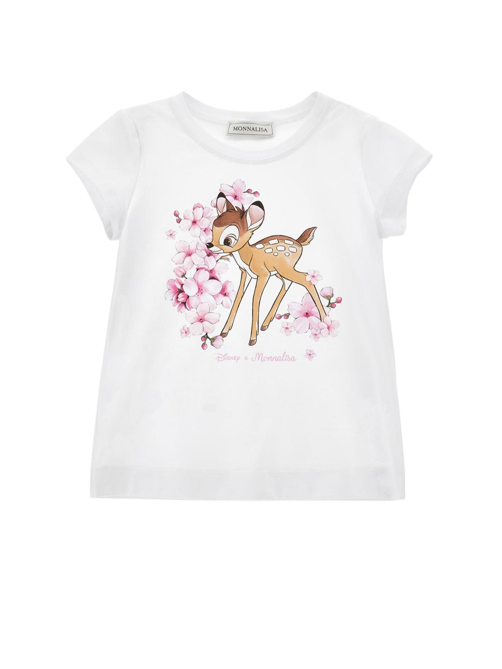 T-shirt bambina bianca in cotone con stampa cerbiatto e fiori