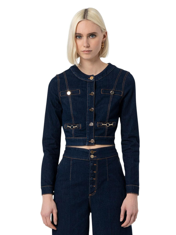 Giacca cropped in denim con dettagli gioiello