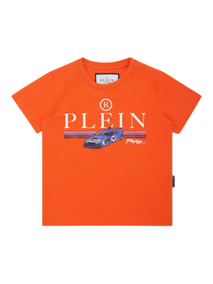 T-shirt bambino arancione con stampa auto da corsa in cotone