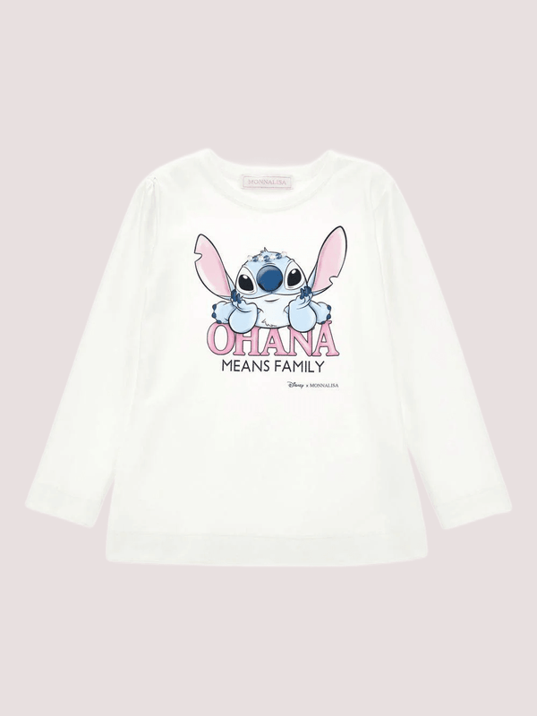 T-shirt per bambina Disney x Monnalisa bianco con stampa grafica Stitch<BR/> 19F618 6013 /0001 MONNALISA 