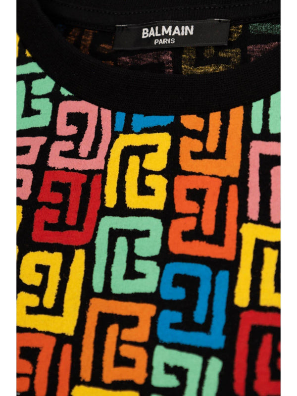 T-shirt bambino nera multicolor in cotone con stampa monogramma