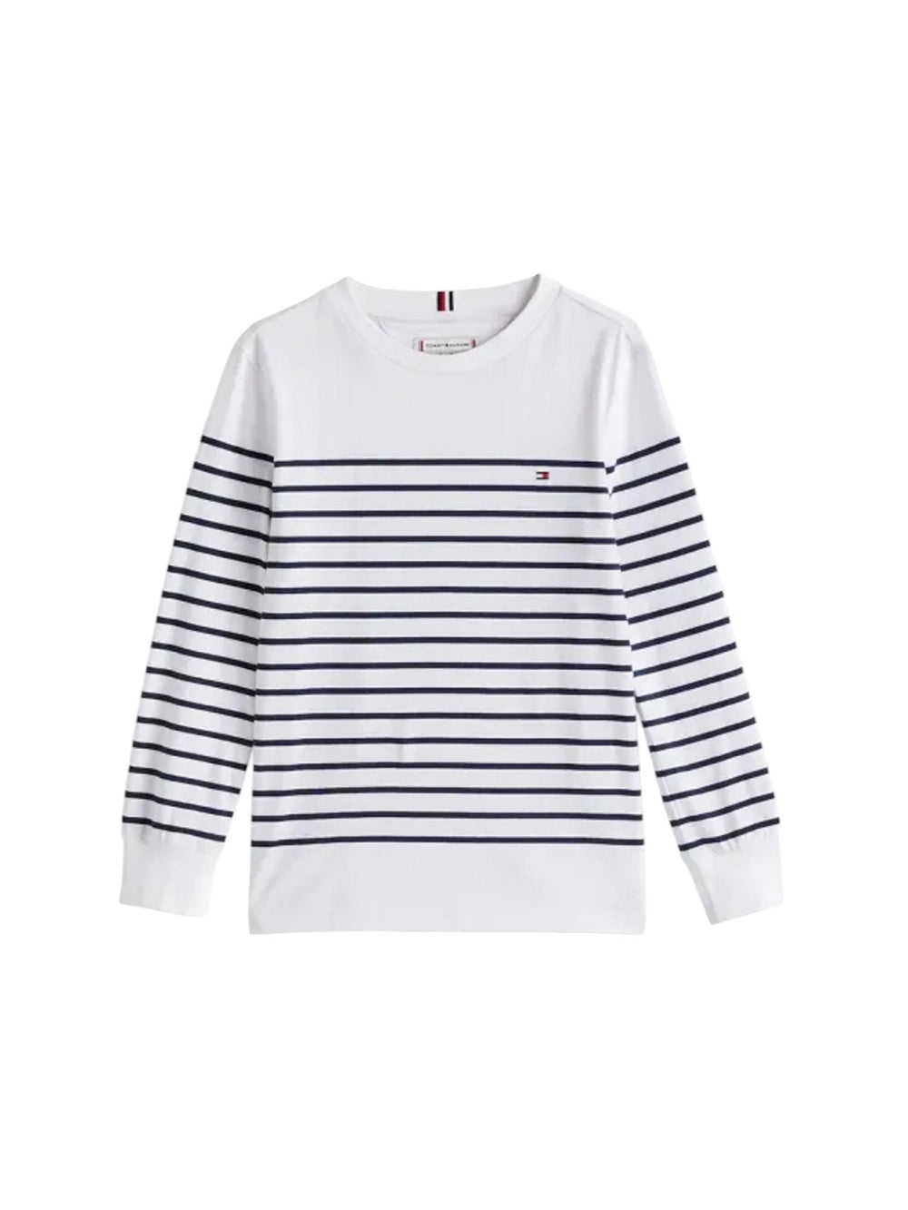 T-shirt bambino bianca a righe blu in cotone in conversione