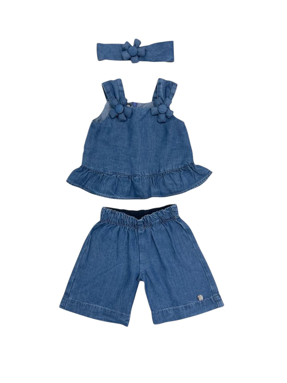 Completo bambina denim con top volant, pantaloncino e fascia
