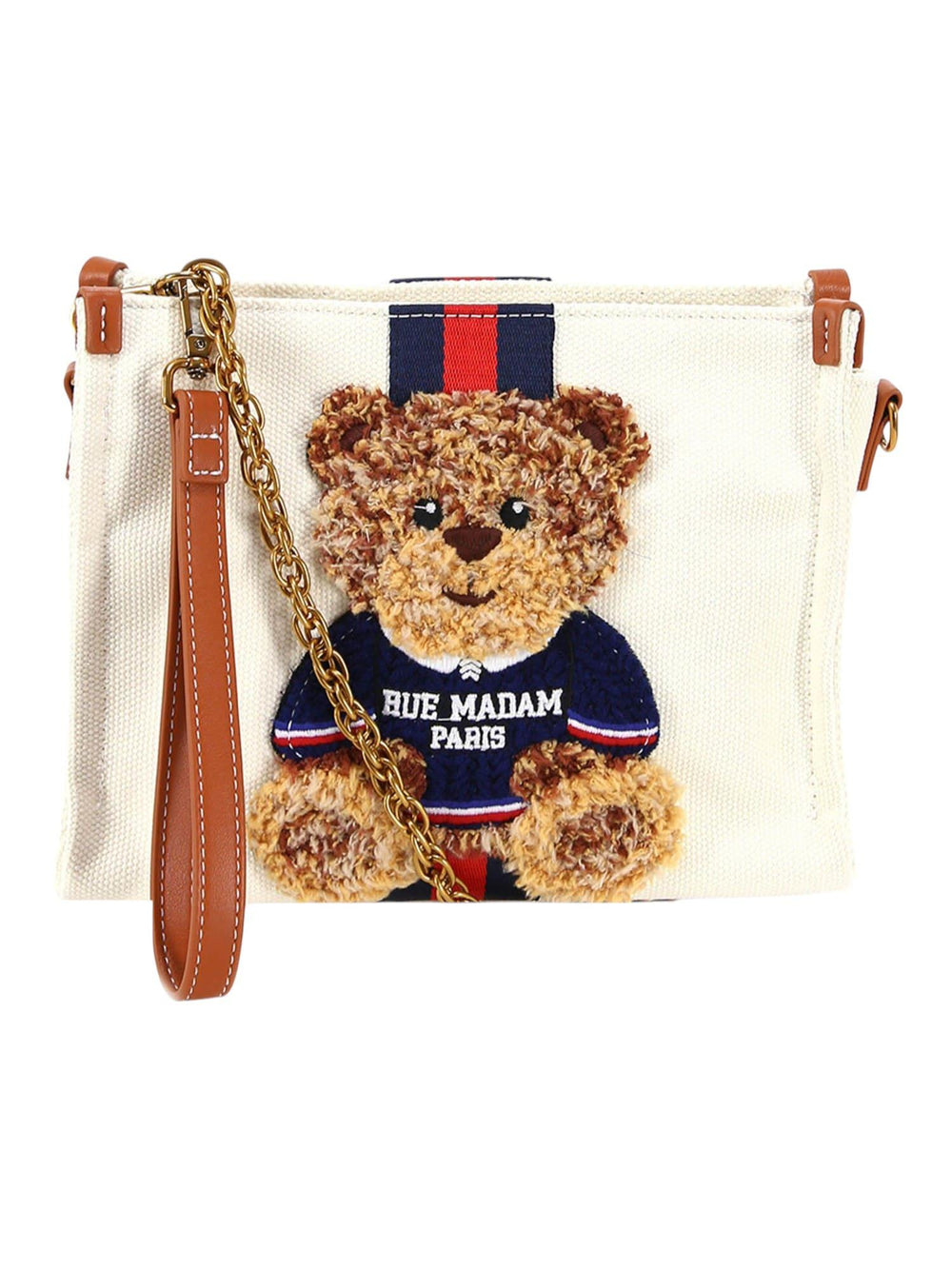 Pochette donna canvas white in cotone con orsetto e tracolla a catena
