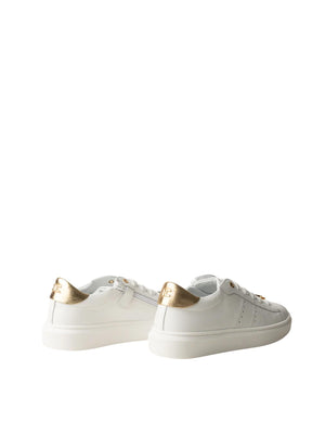 Sneakers bambina in pelle bianca e oro con zip e logo