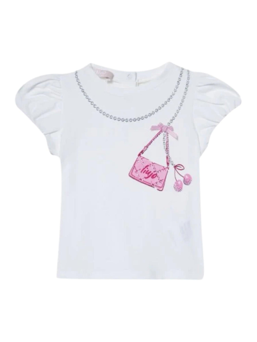 T-shirt bambina bianca con stampa borsa rosa e ciliegie