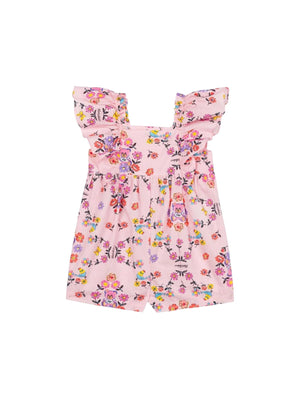 Pagliaccetto bambina rosa con stampa fiori e Teddy Bear