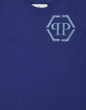 T-shirt bambino blu navy con logo turchese in cotone