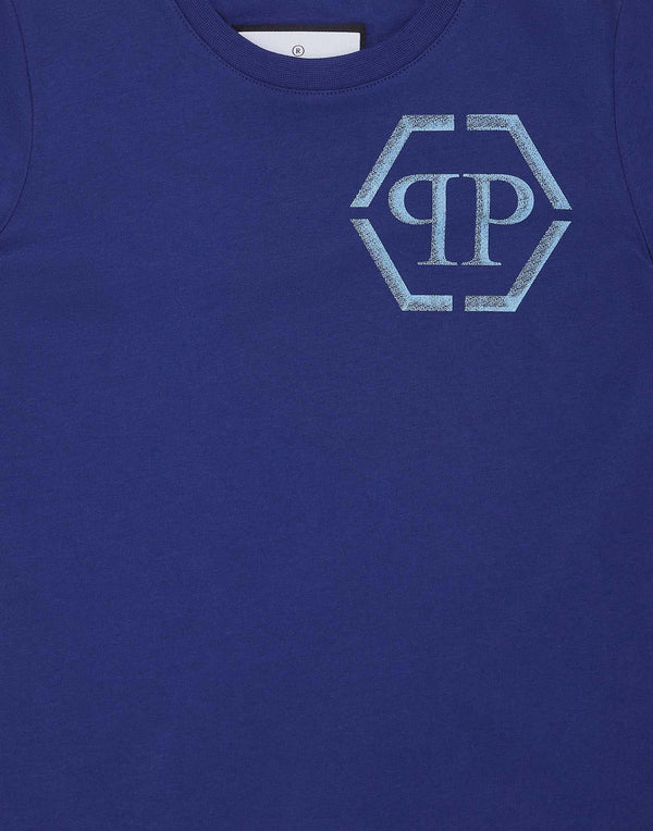 T-shirt bambino blu navy con logo turchese in cotone