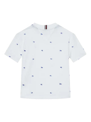 T-shirt bambino bianca con micro-stampe in cotone rigenerativo