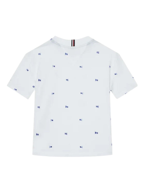 T-shirt bambino bianca con micro-stampe in cotone rigenerativo