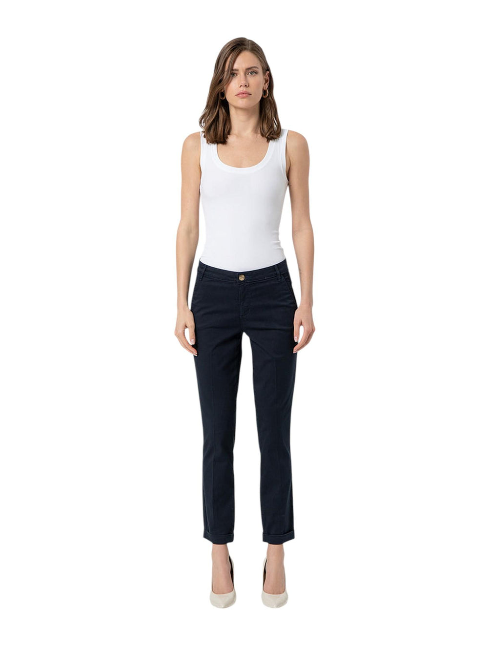 Pantaloni chino donna blu navy slim fit con risvolto
