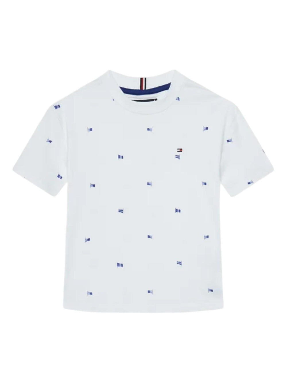 T-shirt bambino bianca con micro-stampe in cotone rigenerativo