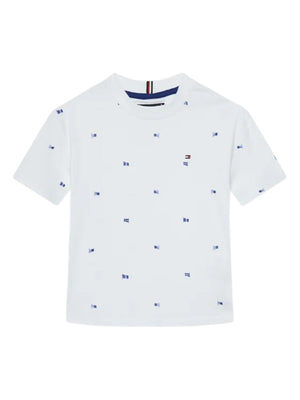 T-shirt bambino bianca con micro-stampe in cotone rigenerativo