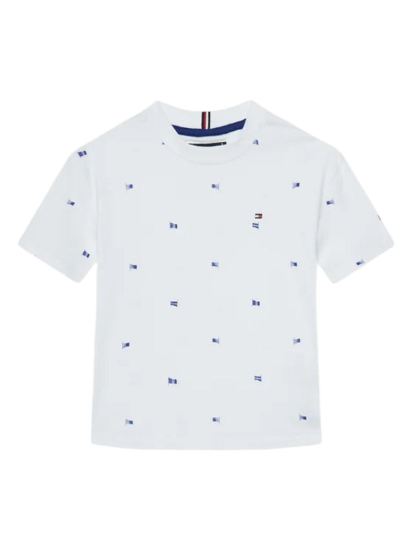 T-shirt bambino bianca con micro-stampe in cotone rigenerativo