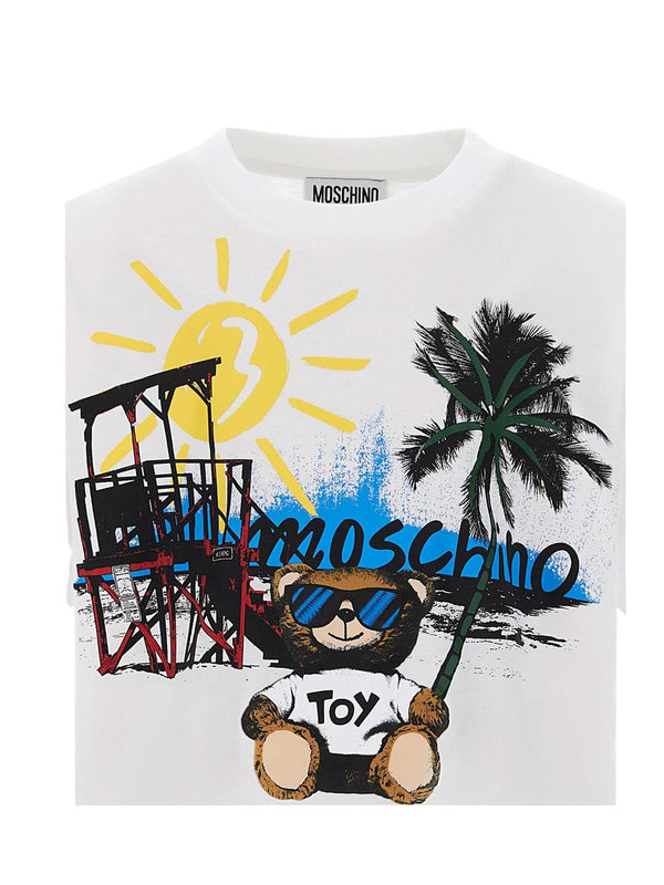 T-shirt bambina bianca con stampa orsetto e grafica estiva