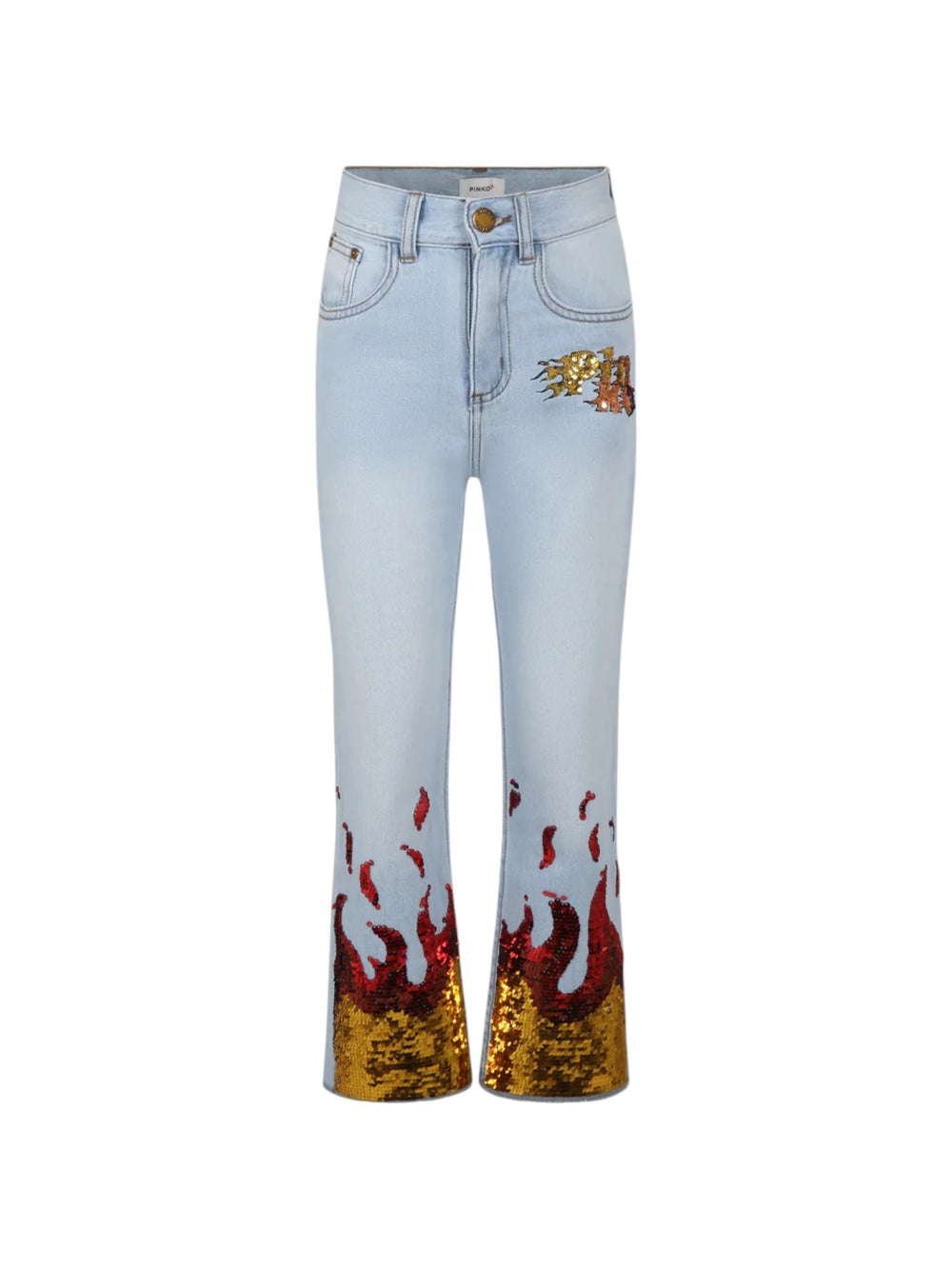 Jeans bambina light denim con fiamme in paillettes