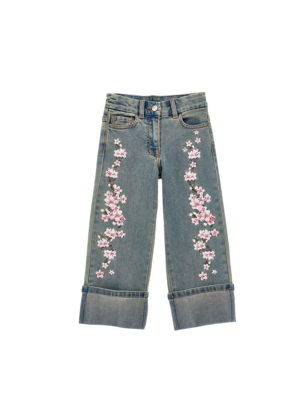 Jeans bambina ricamati con fiori e risvolto alto