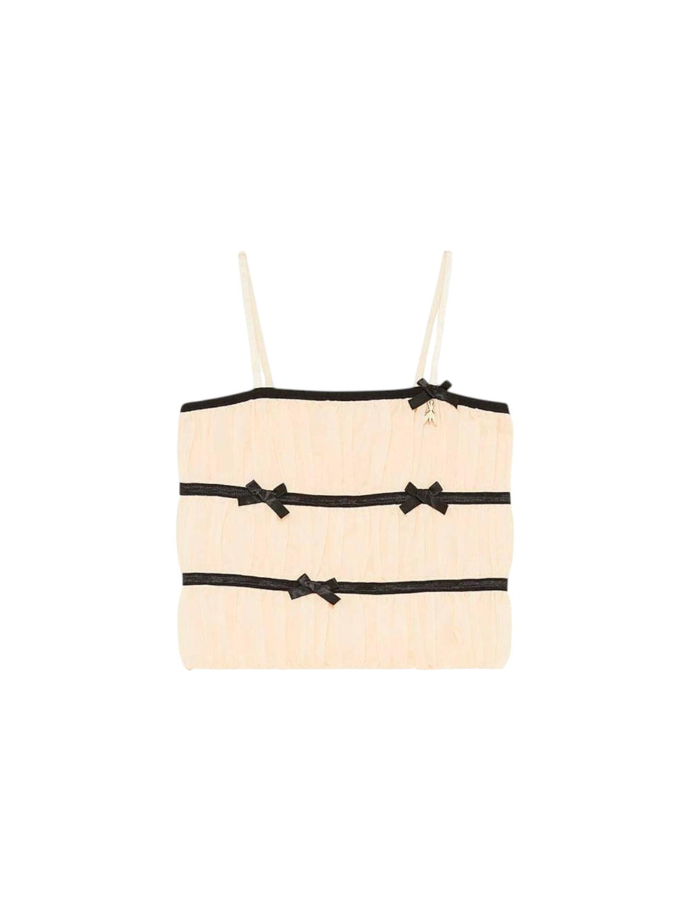 Top bambina leggero panna con fiocchi neri decorativi