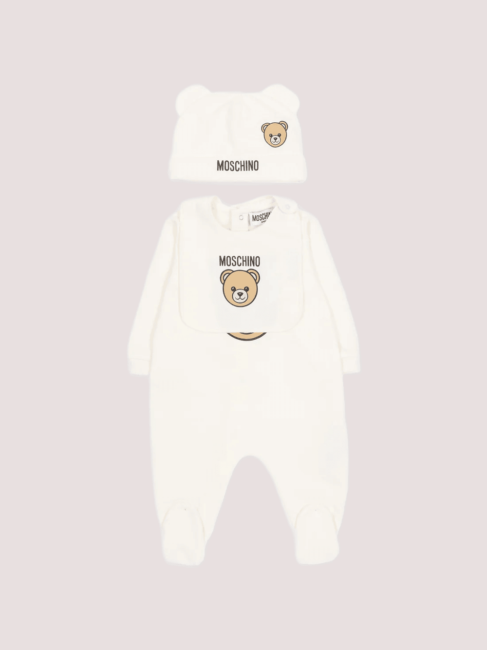 Set regalo composto di  tutina , cappello e bavaglino MUY097 LCA19 /10063 MOSCHINO 