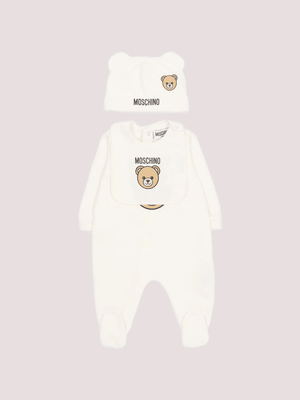 Set regalo composto di  tutina , cappello e bavaglino MUY097 LCA19 /10063 MOSCHINO 