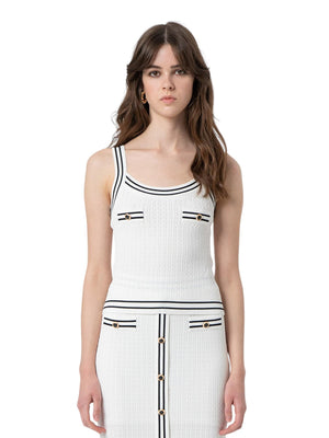 Top donna cream con profili black e bottoni decorativi