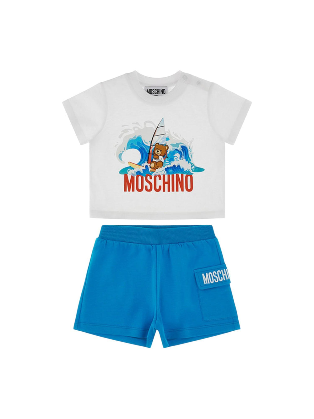 Completo bambino bianco e azzurro con stampa surf e logo