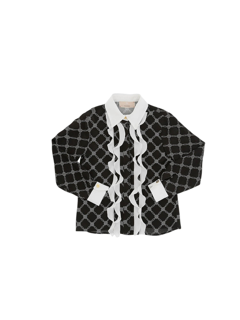 Camicia bambina nera con stampa geometrica e rouches