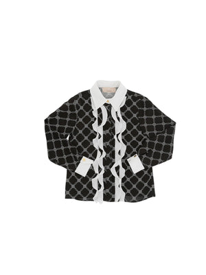 Camicia bambina nera con stampa geometrica e rouches
