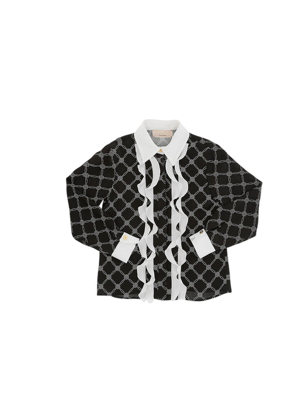 Camicia bambina nera con stampa geometrica e rouches