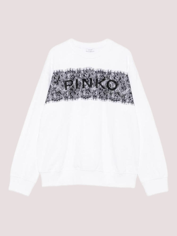 Felpa  in cotone bianco con stampa e inserto in pizzo nero KFFE024 C FF015 /D839 PINKO 