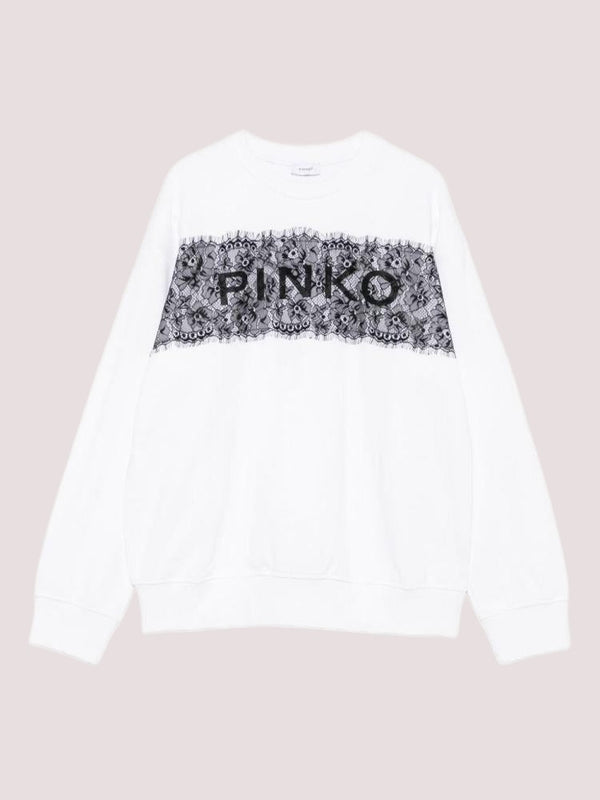 Felpa  in cotone bianco con stampa e inserto in pizzo nero KFFE024 C FF015 /D839 PINKO 