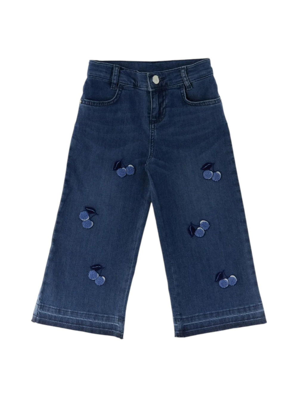 Pantaloni lunghi bambina in denim blu con ciliegie ricamate