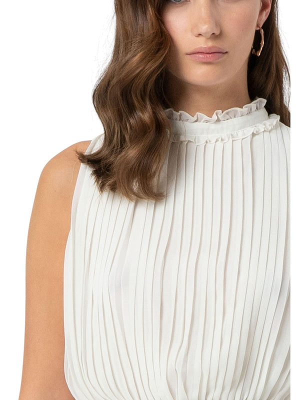 Top donna cream plissé con collo coreano
