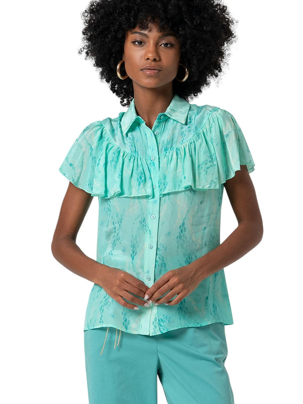 Camicia donna verde acqua con maniche corte e volant