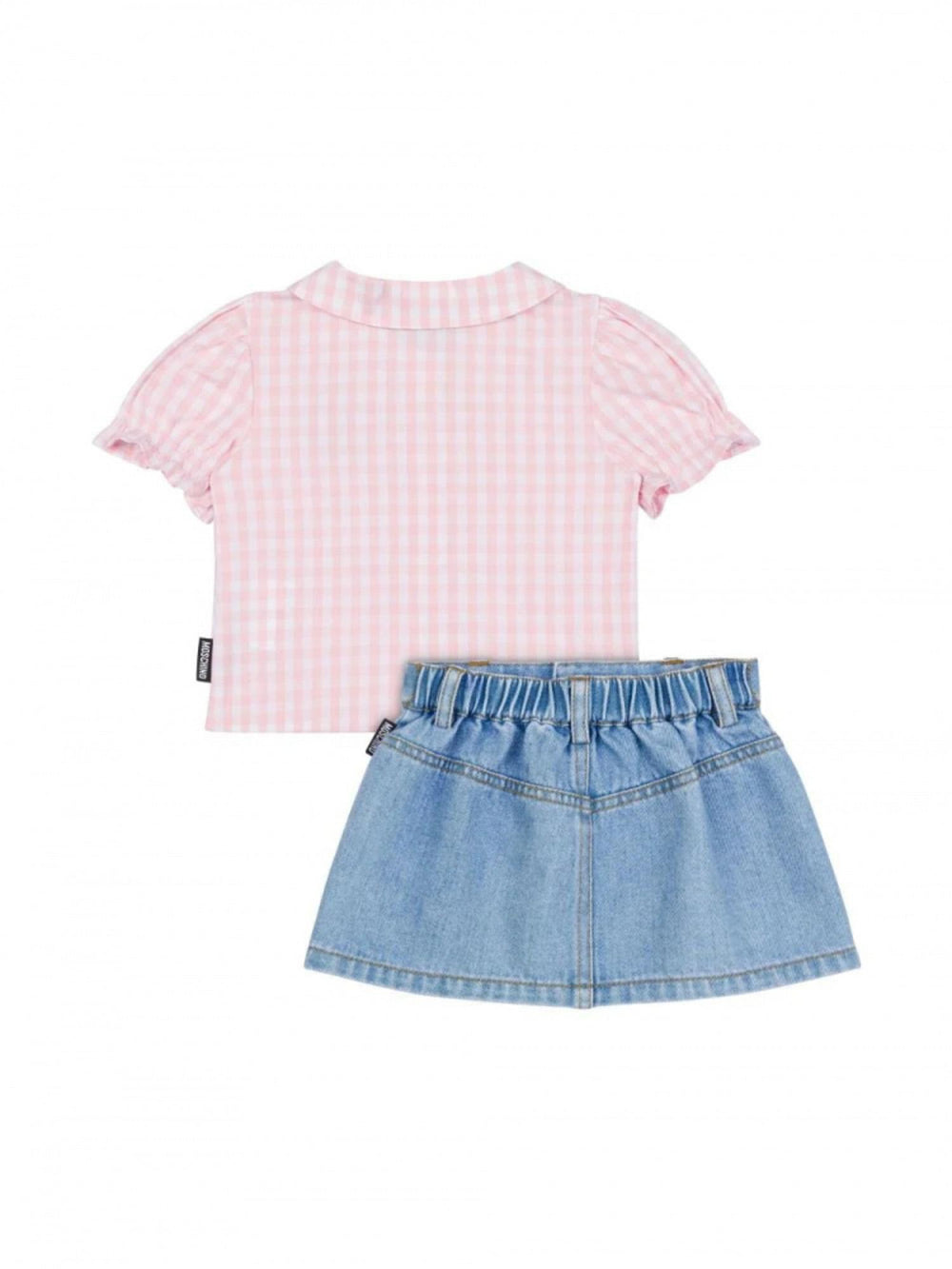 Completo bambina rosa e denim con camicia a quadretti e gonnellina