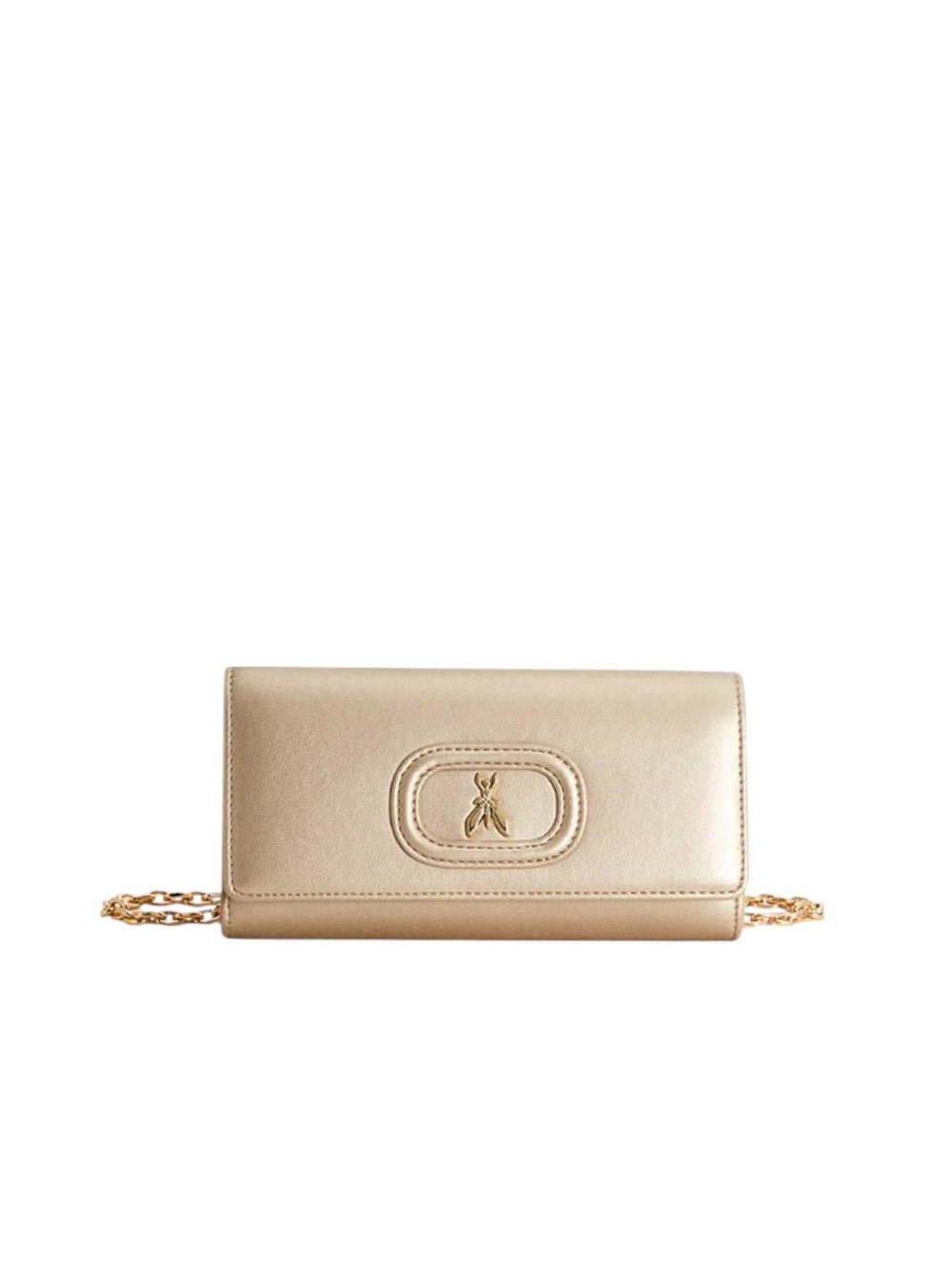 Borsa bambina champagne con tracolla dorata e logo