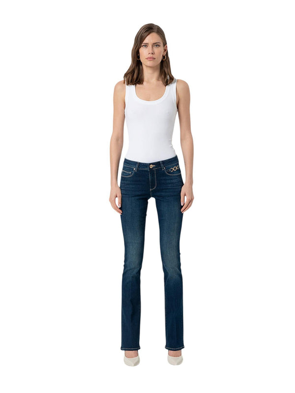 Jeans bootcut donna in denim scuro con dettagli gold