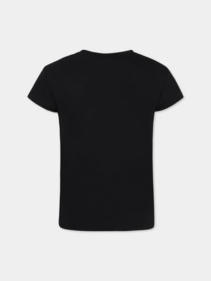 T-shirt bambina nera in cotone con stampa dorata