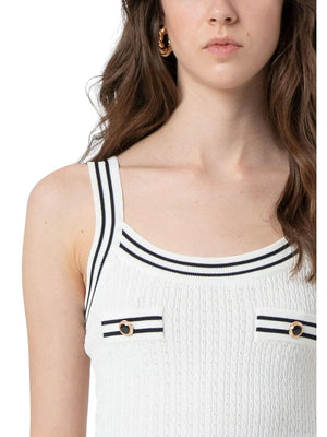 Top donna cream con profili black e bottoni decorativi