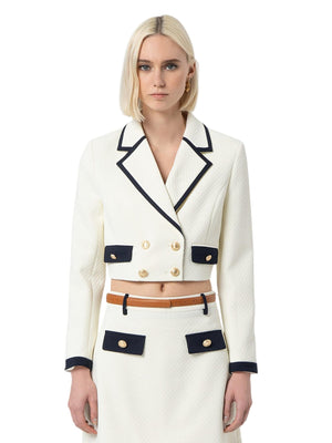 Blazer corto donna bianco con profili navy e bottoni dorati