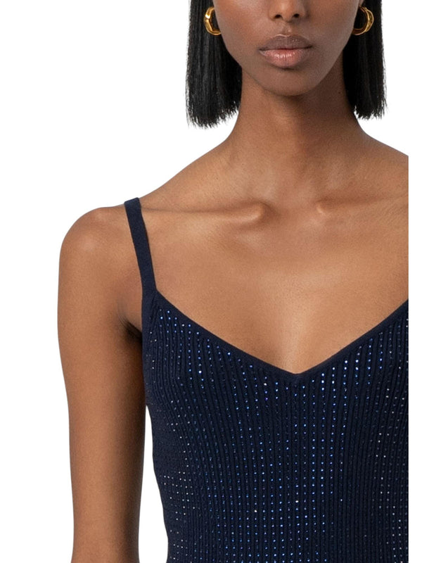 Top donna dark blue con strass e spalline sottili