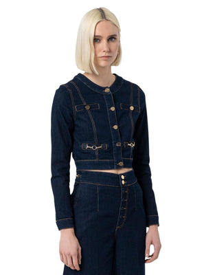 Giacca cropped in denim con dettagli gioiello