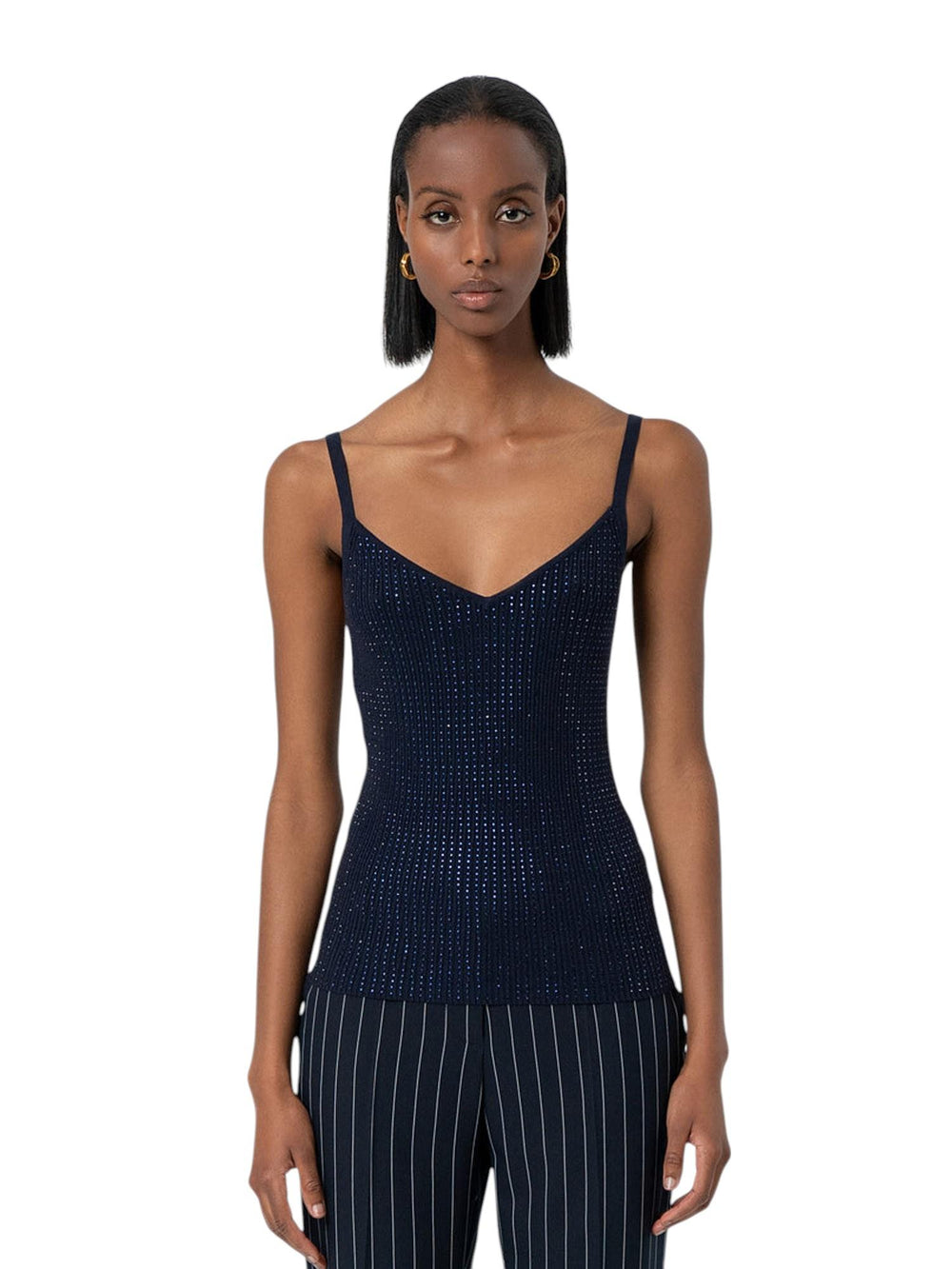 Top donna dark blue con strass e spalline sottili
