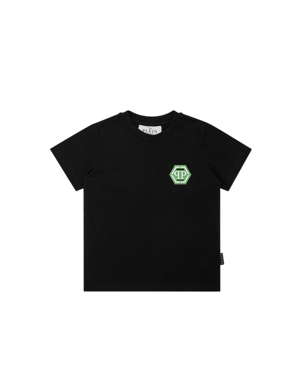 T-shirt bambino nera con logo verde in cotone
