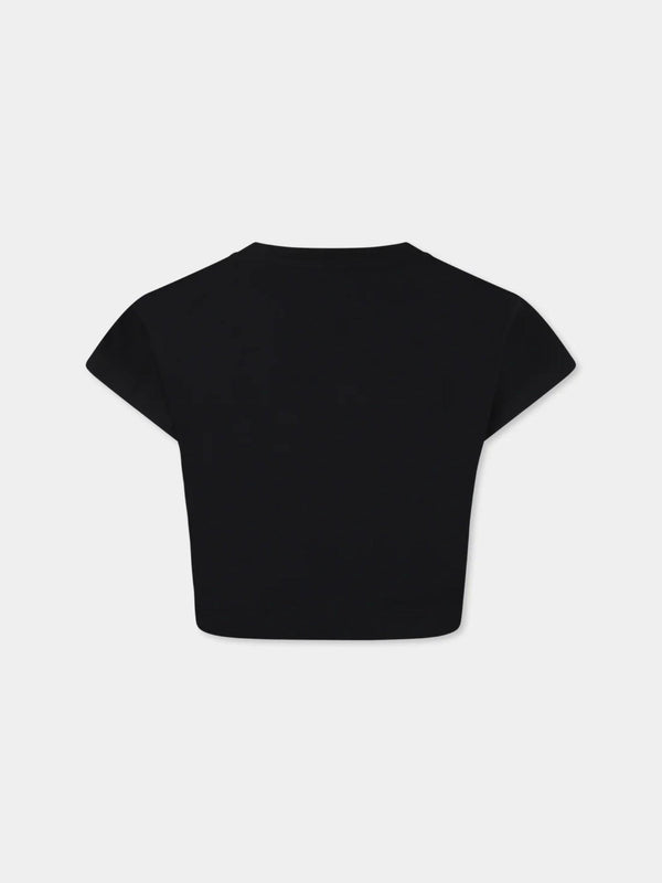 T-shirt bambina nera crop in cotone