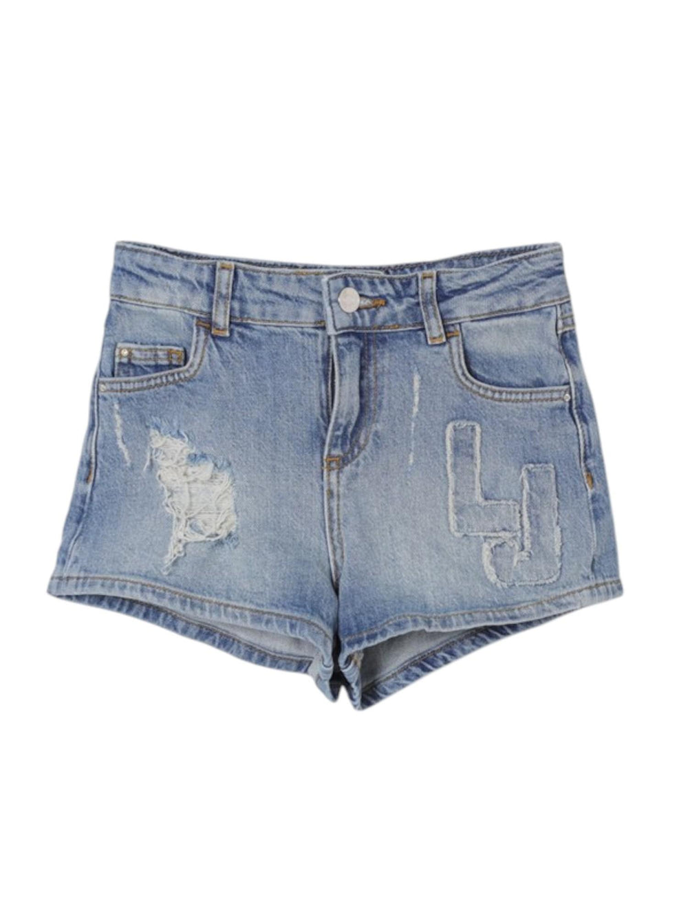 Shorts bambina in denim blu con rotture e logo ricamato